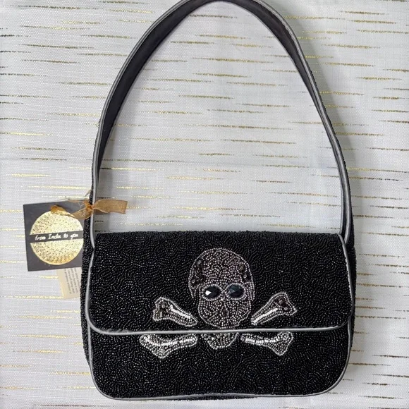 💀 Viral Beaded Skull & Crossbones Shoulder Bag – Black & Silver Gothic Purse